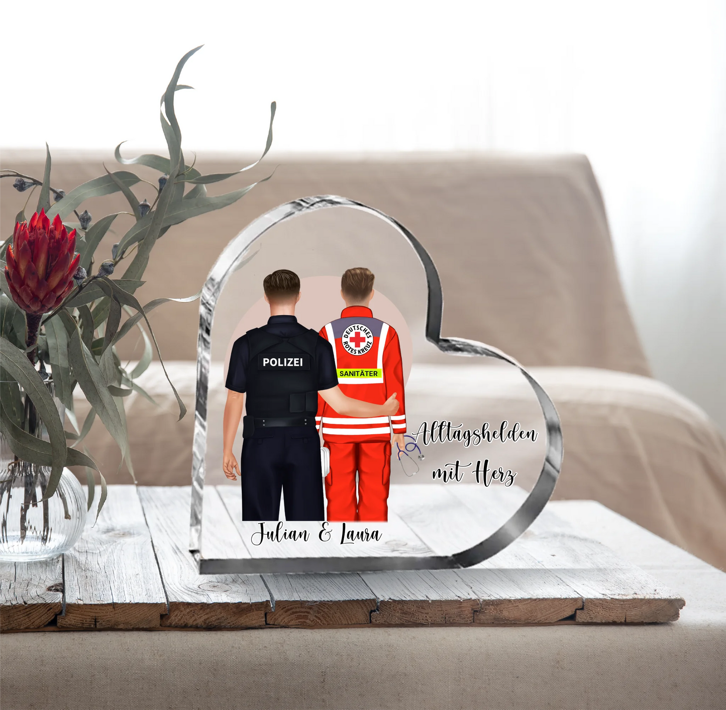 Polizei & Sanitäter Herz Glasaufsteller