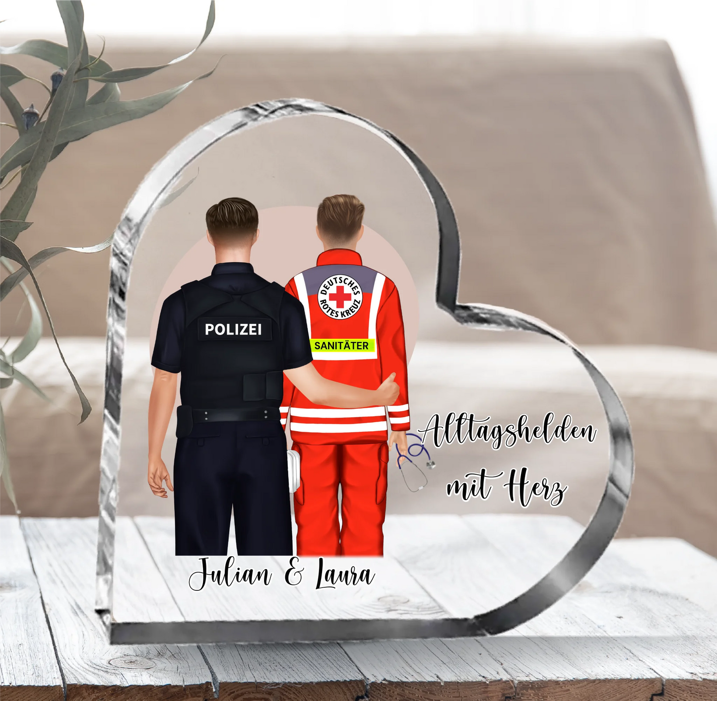 Polizei & Sanitäter Herz Glasaufsteller