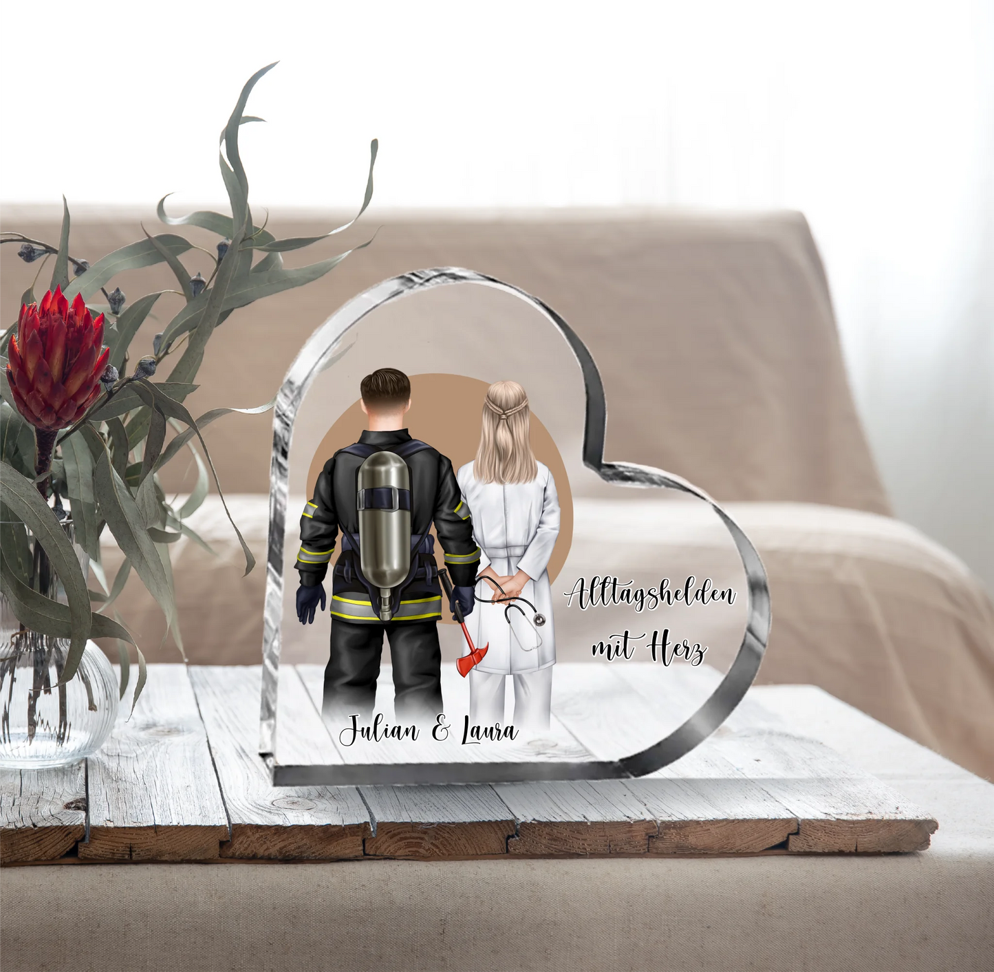 Feuerwehr & Arzt Herz Glasaufsteller