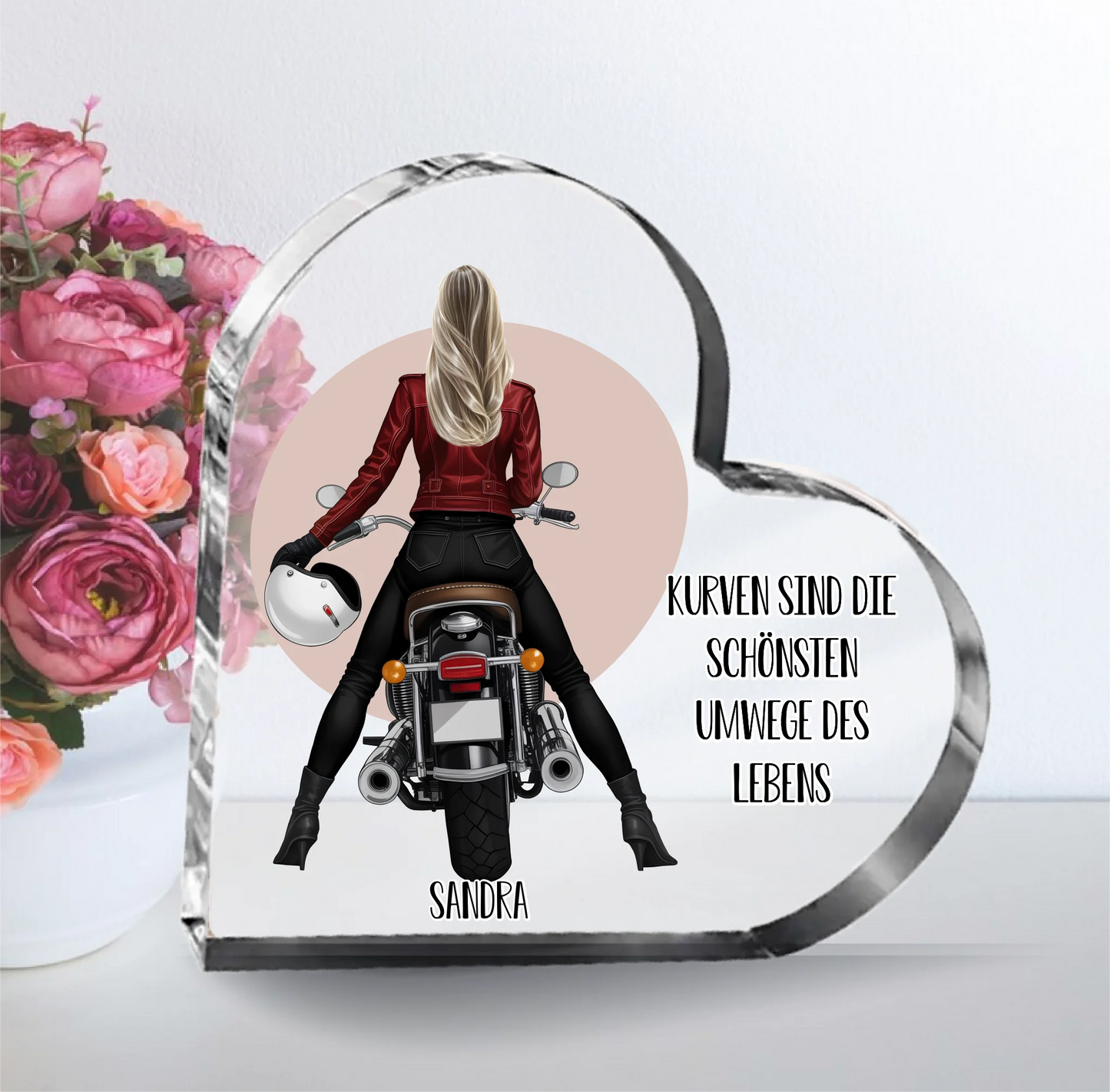 Motorrad (Frau/Mann) Herz Glasaufsteller