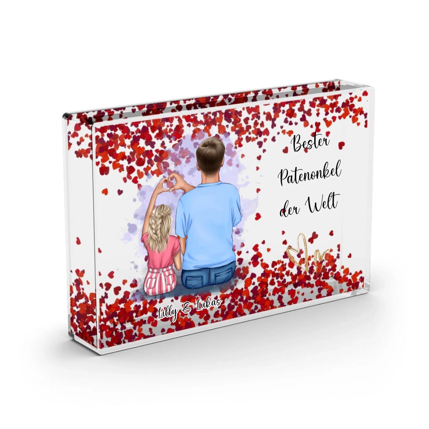 Patenonkel/tante & Kind - Schneekugel Herz Pailletten