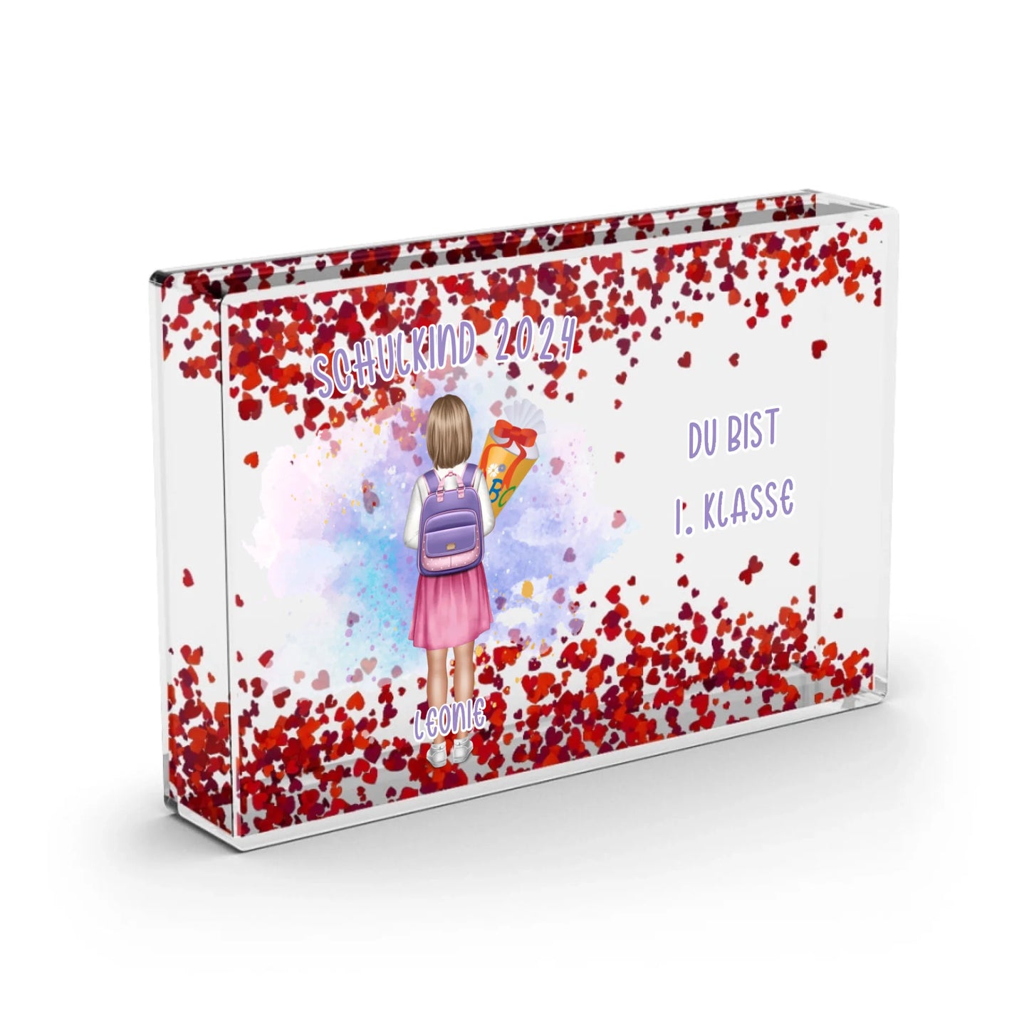 Schulkind (1-2 Jungen & Mädchen) - Schneekugel Herz Pailletten