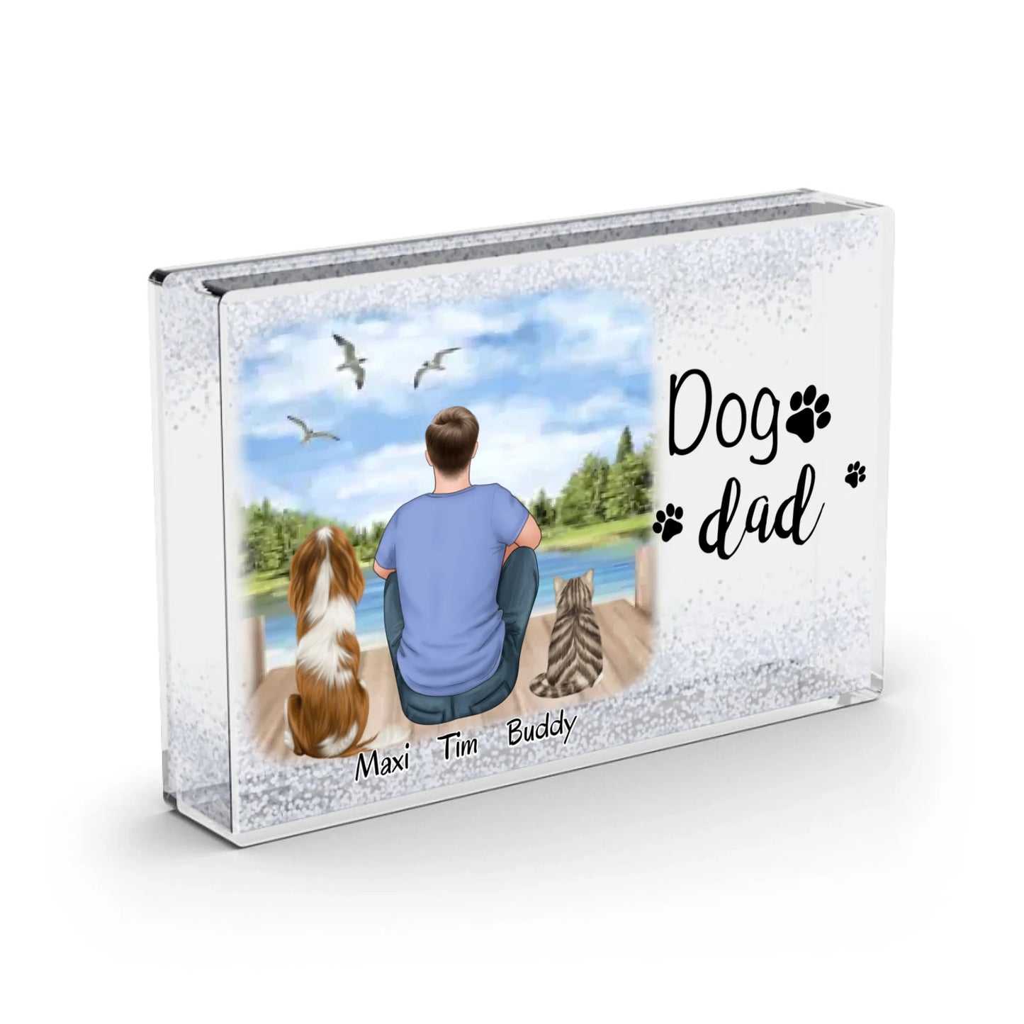 Mann/Frau mit 2 Haustieren (Hund/Katze) - Schneekugel