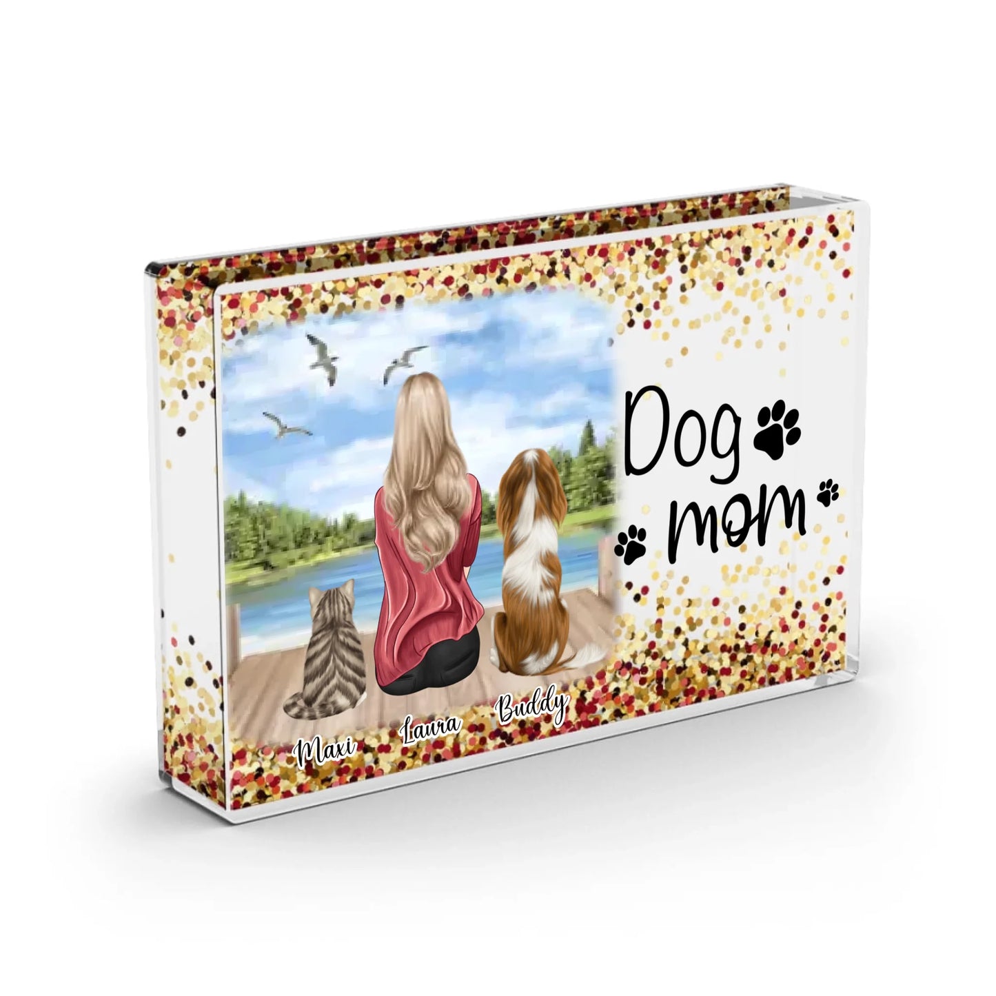 Frau/Mann mit 2 Haustieren - Schneekugel RoseGold Pailletten