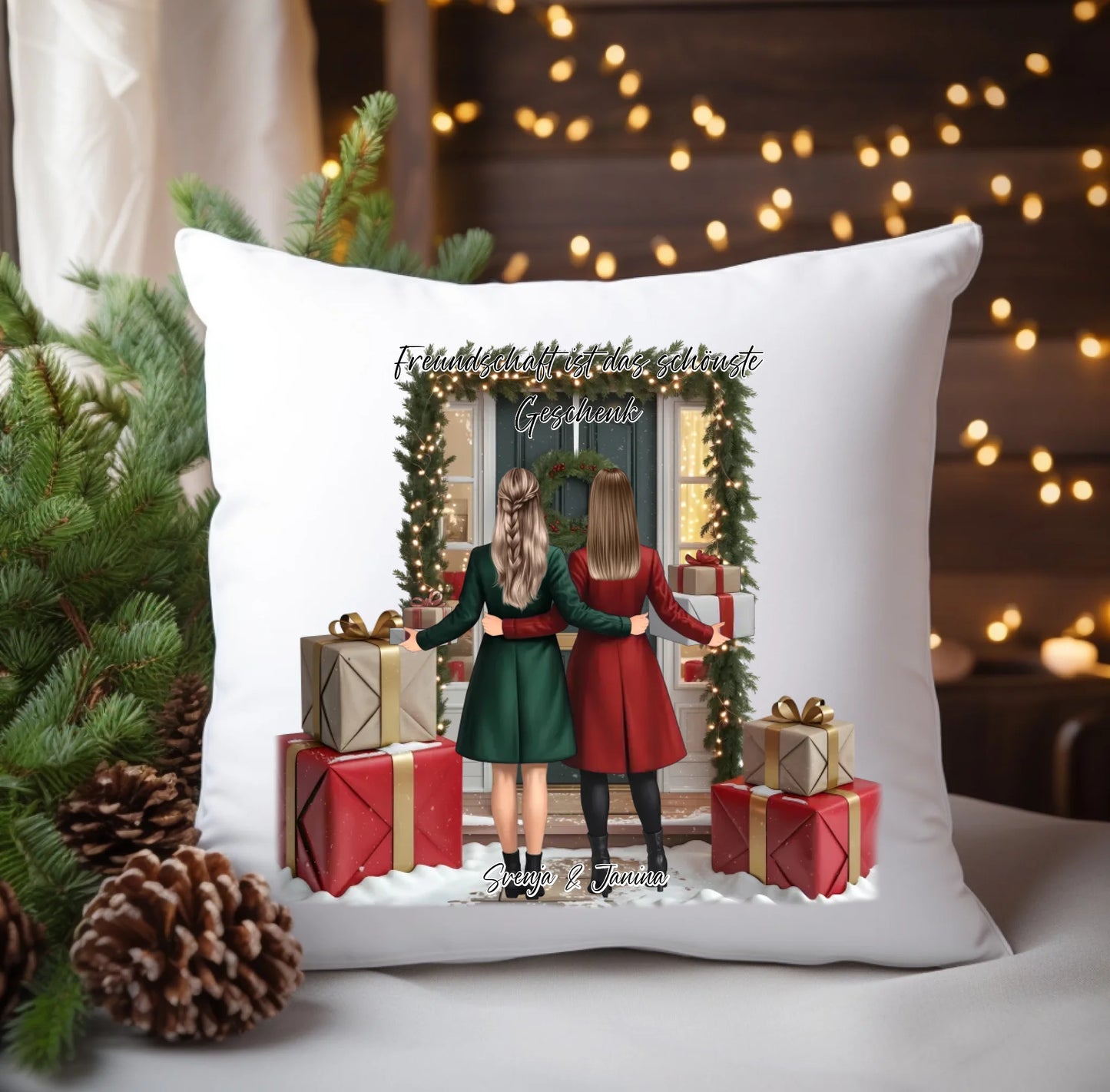 Winter Freundinnen mit Geschenk Kissen