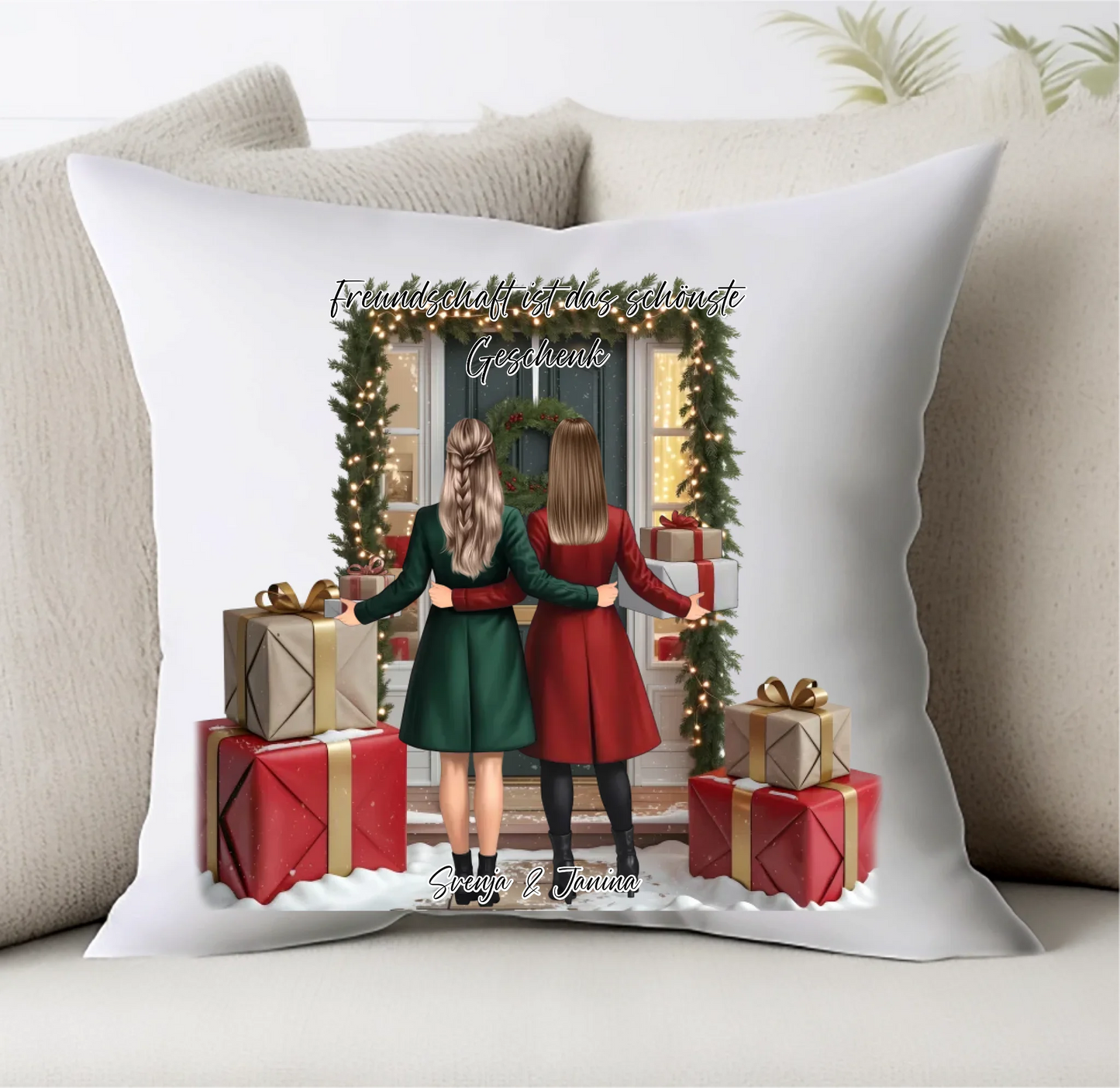 Winter Freundinnen mit Geschenk Kissen
