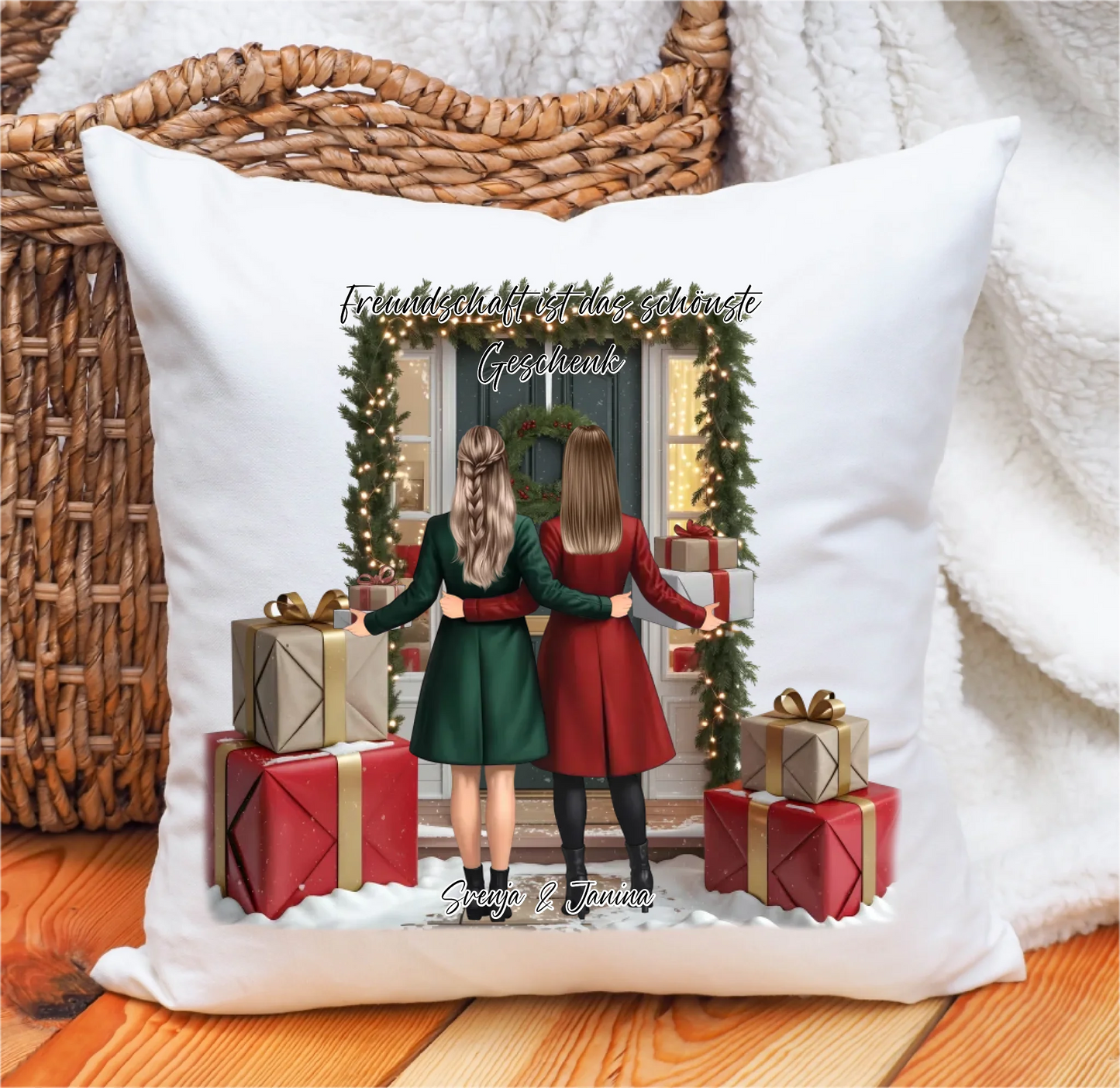 Winter Freundinnen mit Geschenk Kissen