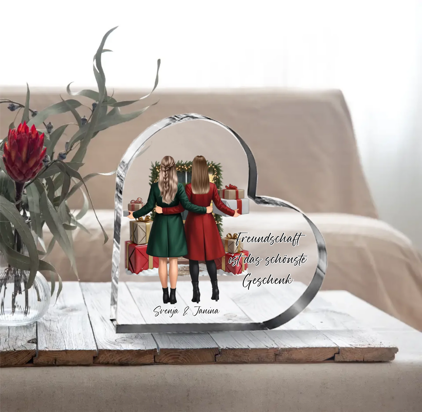 Freundinnen mit Geschenk Herz Glasaufsteller