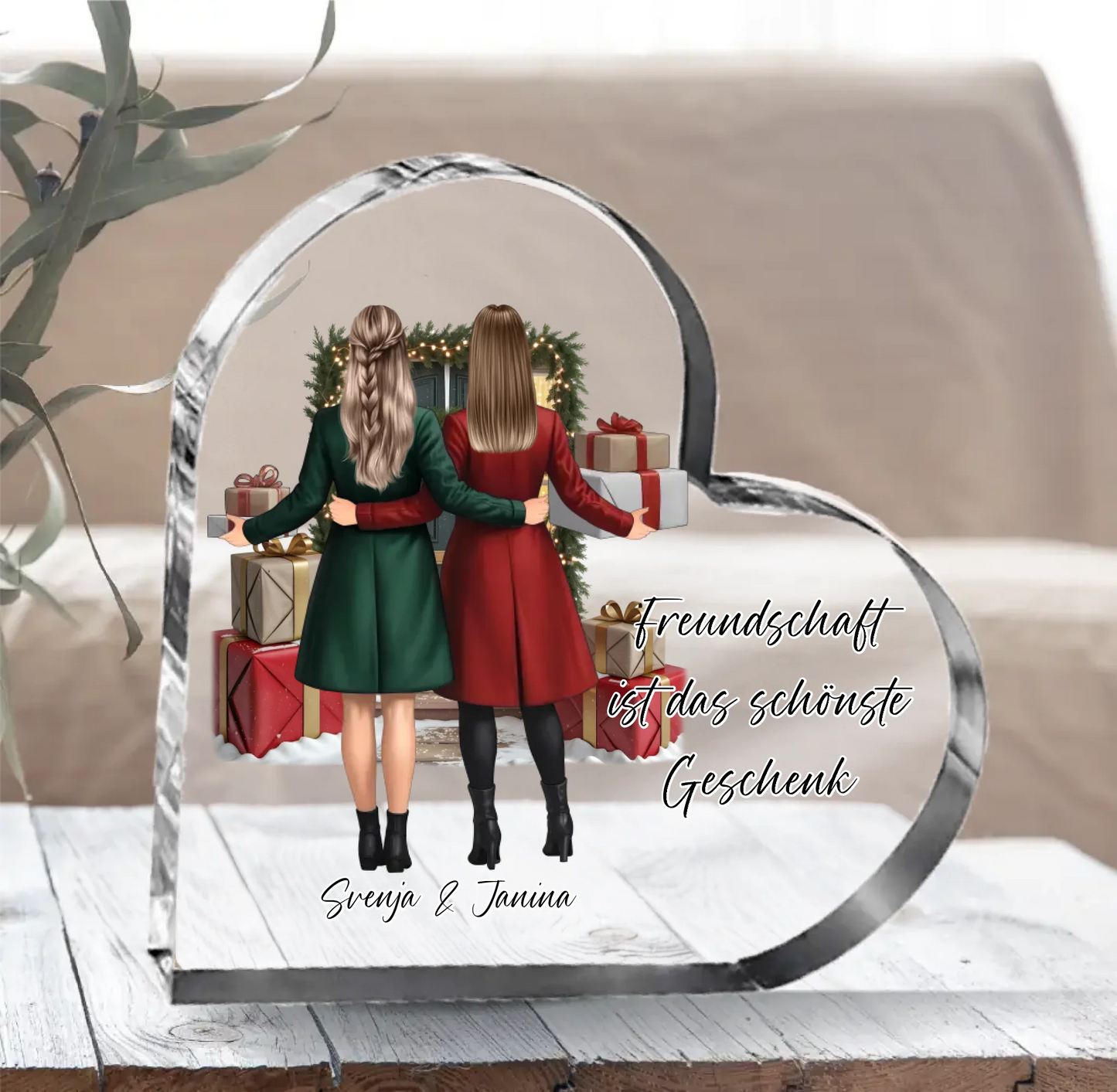Freundinnen mit Geschenk Herz Glasaufsteller