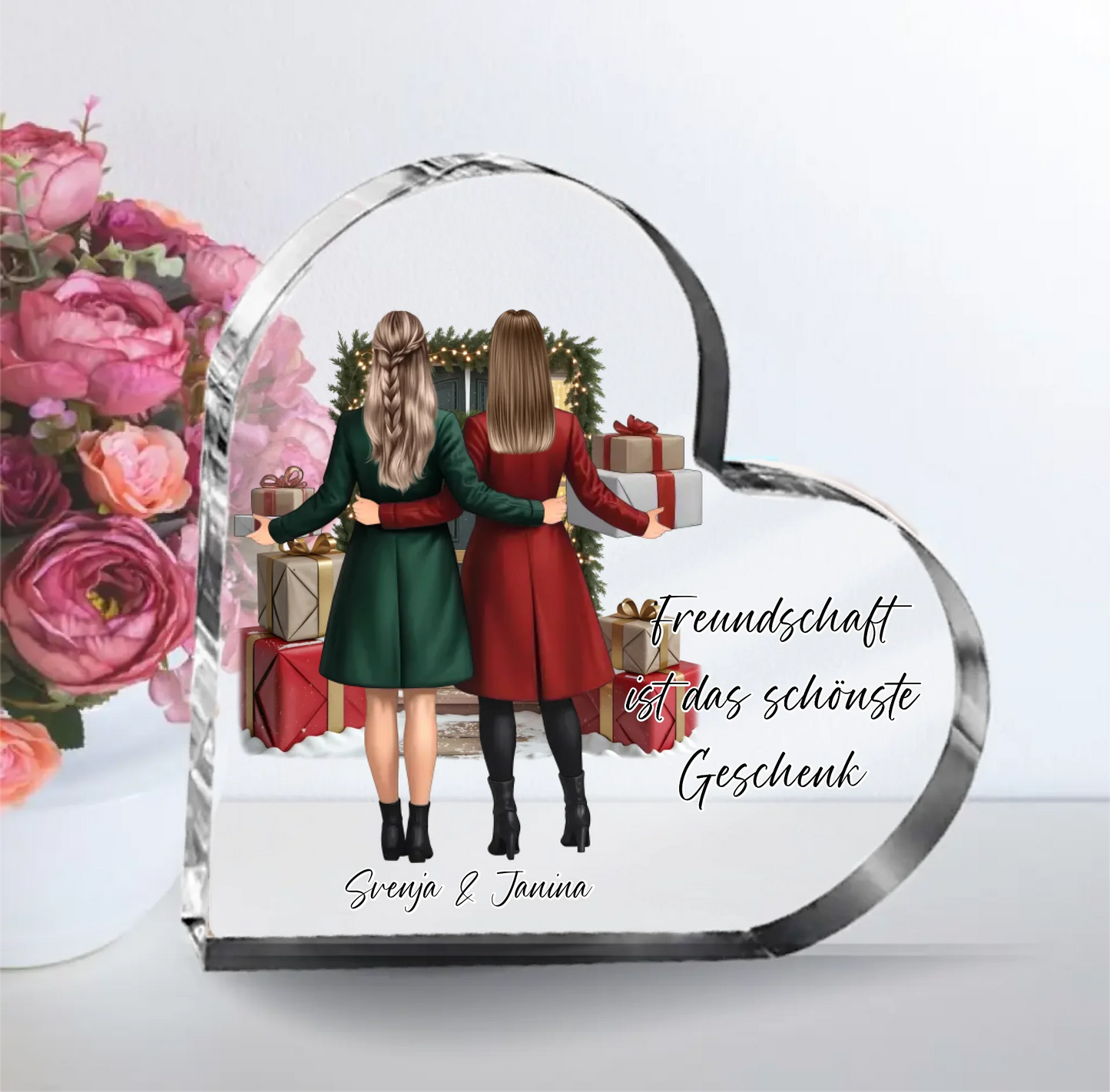 Freundinnen mit Geschenk Herz Glasaufsteller
