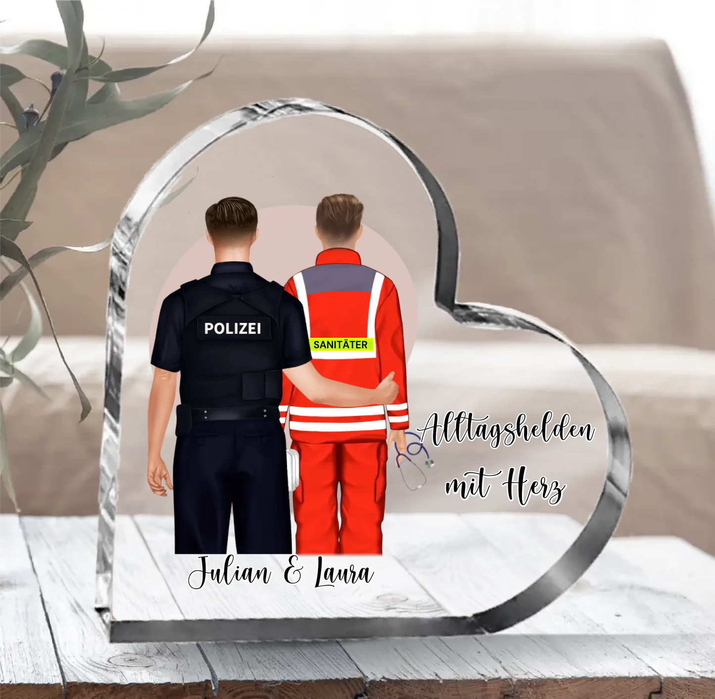 Polizei & Sanitäter Herz Glasaufsteller