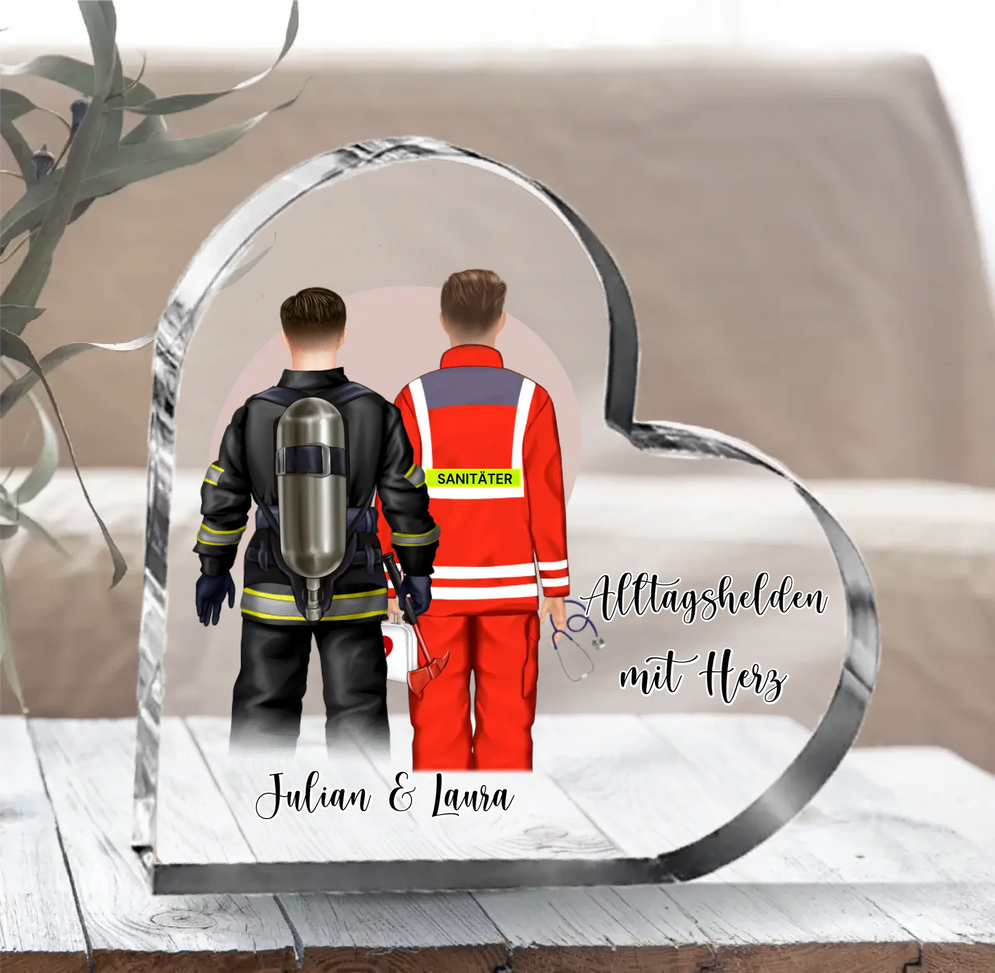 Feuerwehr & Sanitäter Alltagshelden Herz Glasaufsteller