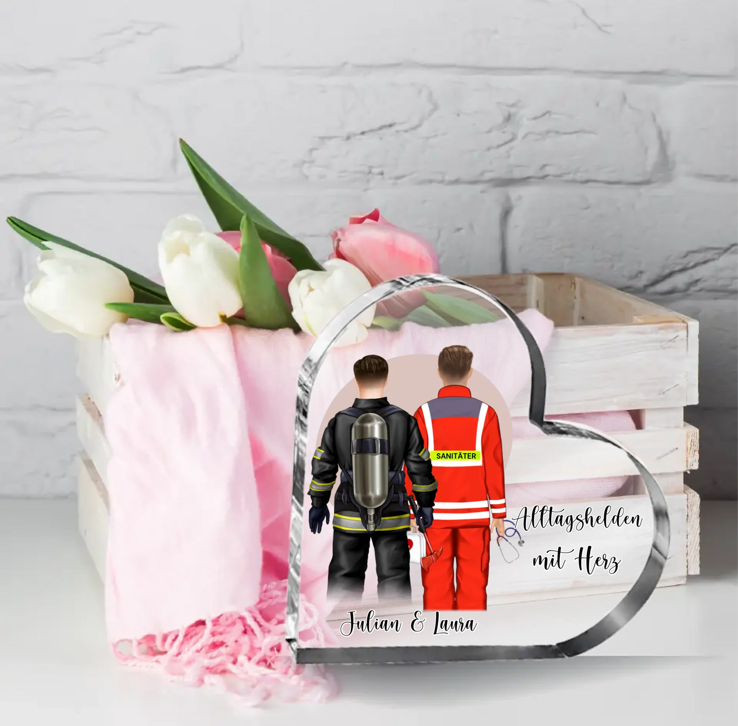 Feuerwehr & Sanitäter Alltagshelden Herz Glasaufsteller