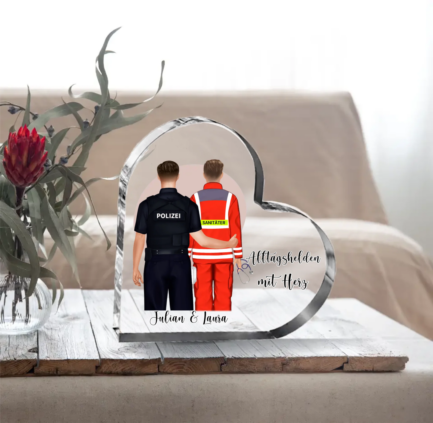 Polizei & Sanitäter Herz Glasaufsteller