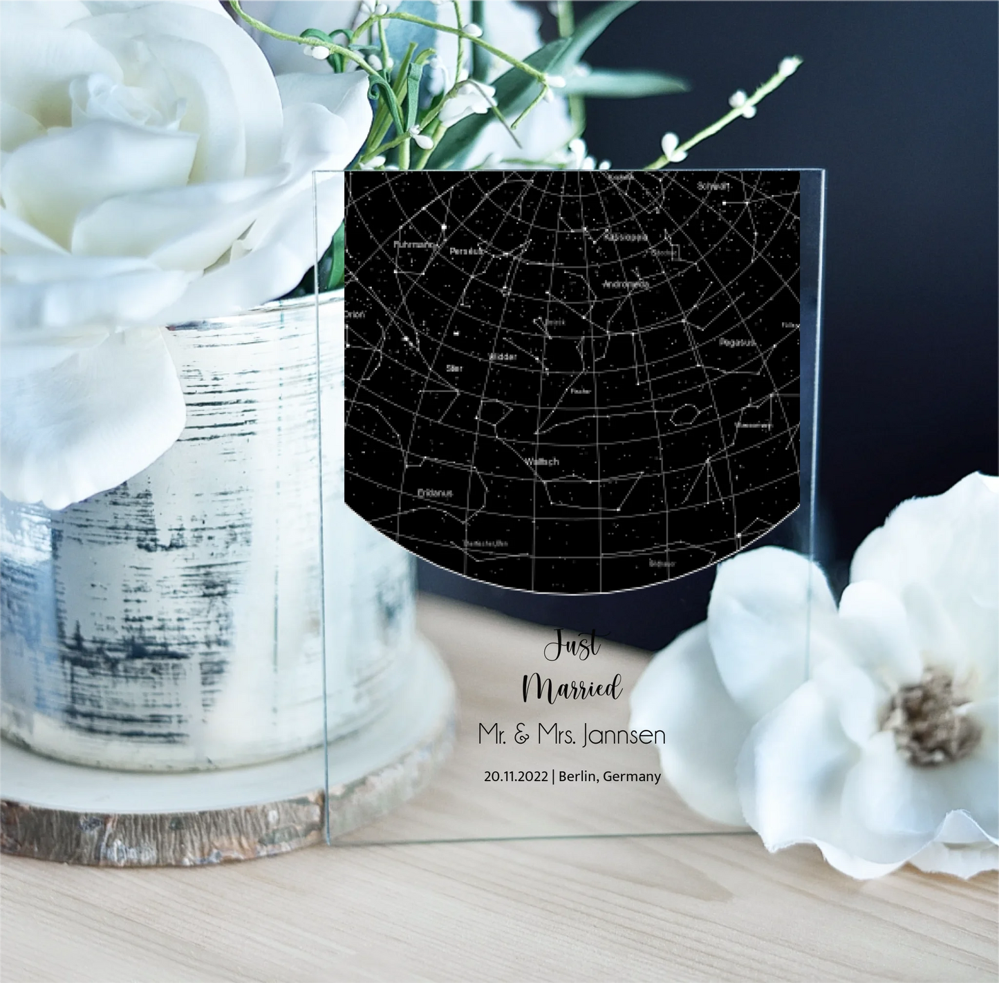 Sternenkarte Acrylschild mit Holzstandfuß - Just Married