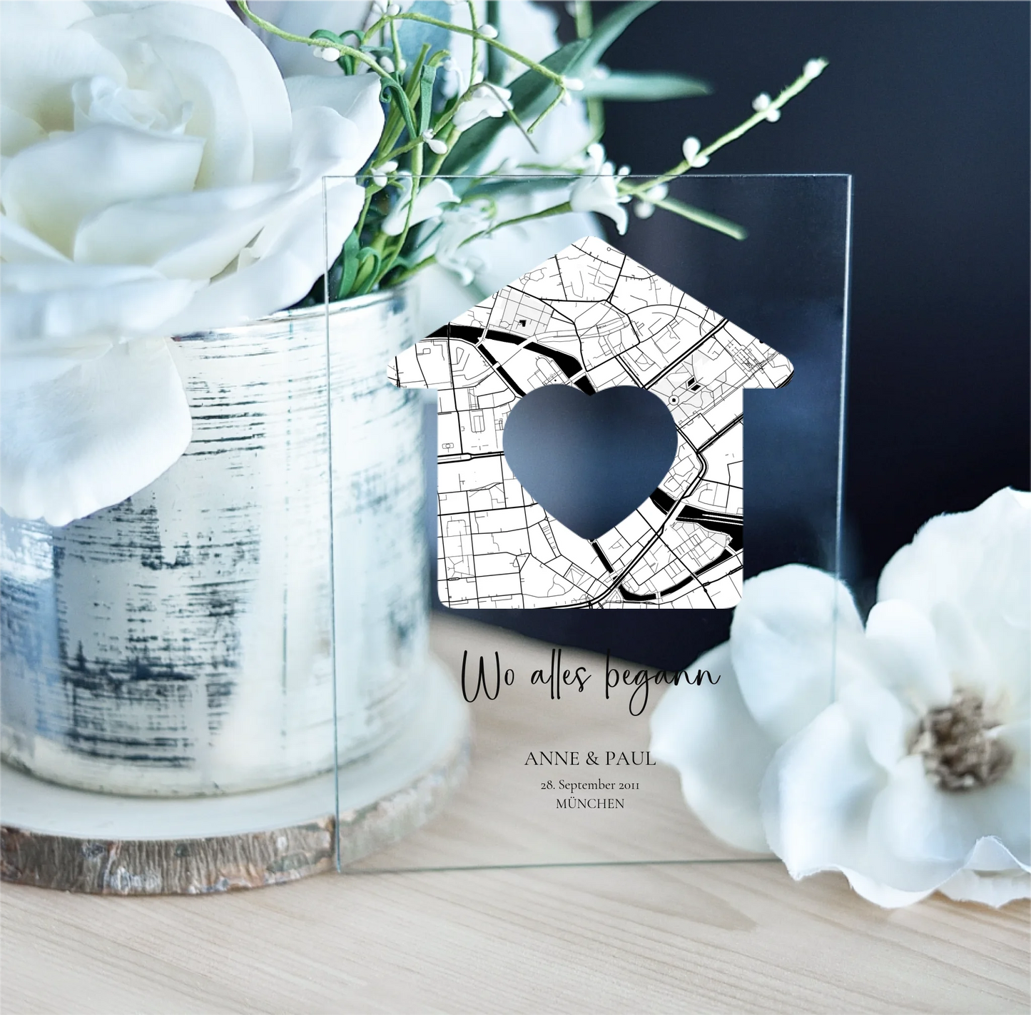 Stadtkarte - Haus - Acrylschild mit Holzstandfuß