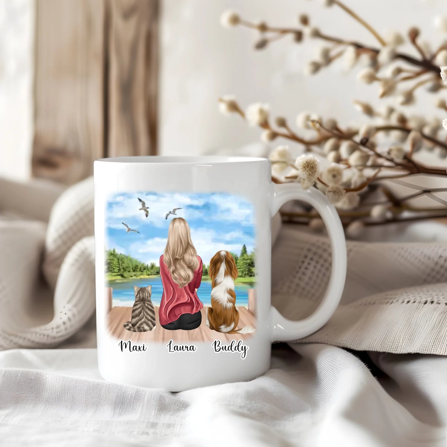 Frau/Mann mit 2 Haustieren Tasse / Thermobecher