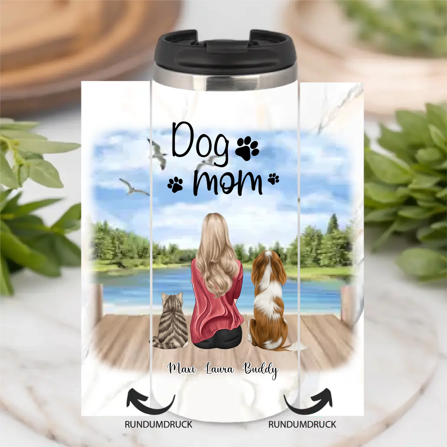 Frau/Mann mit 2 Haustieren Tasse / Thermobecher