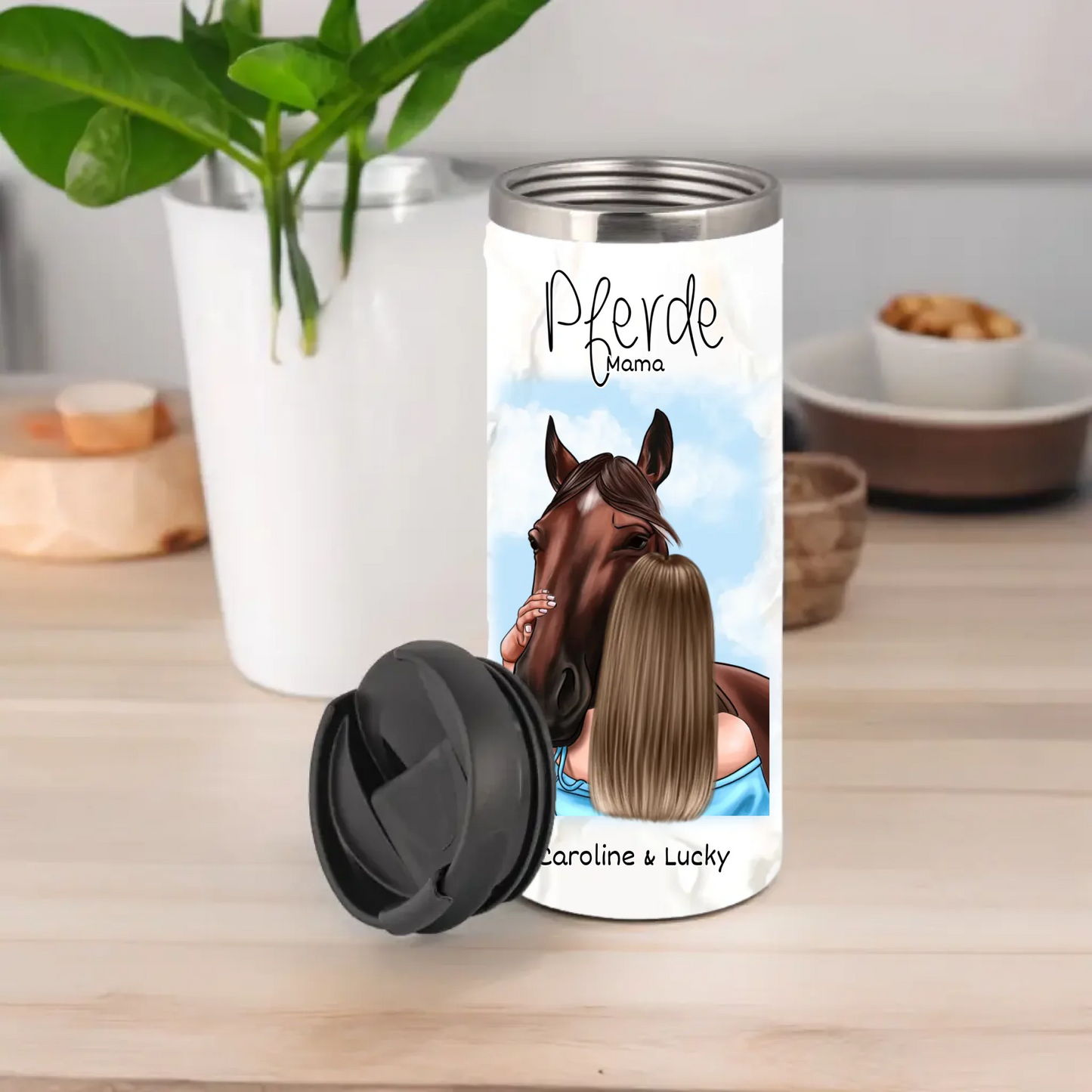 Frau mit Pferd Tasse / Thermobecher