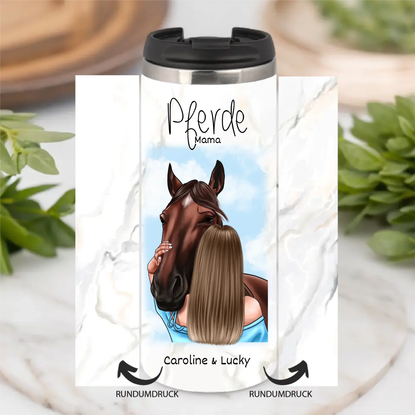Frau mit Pferd Tasse / Thermobecher