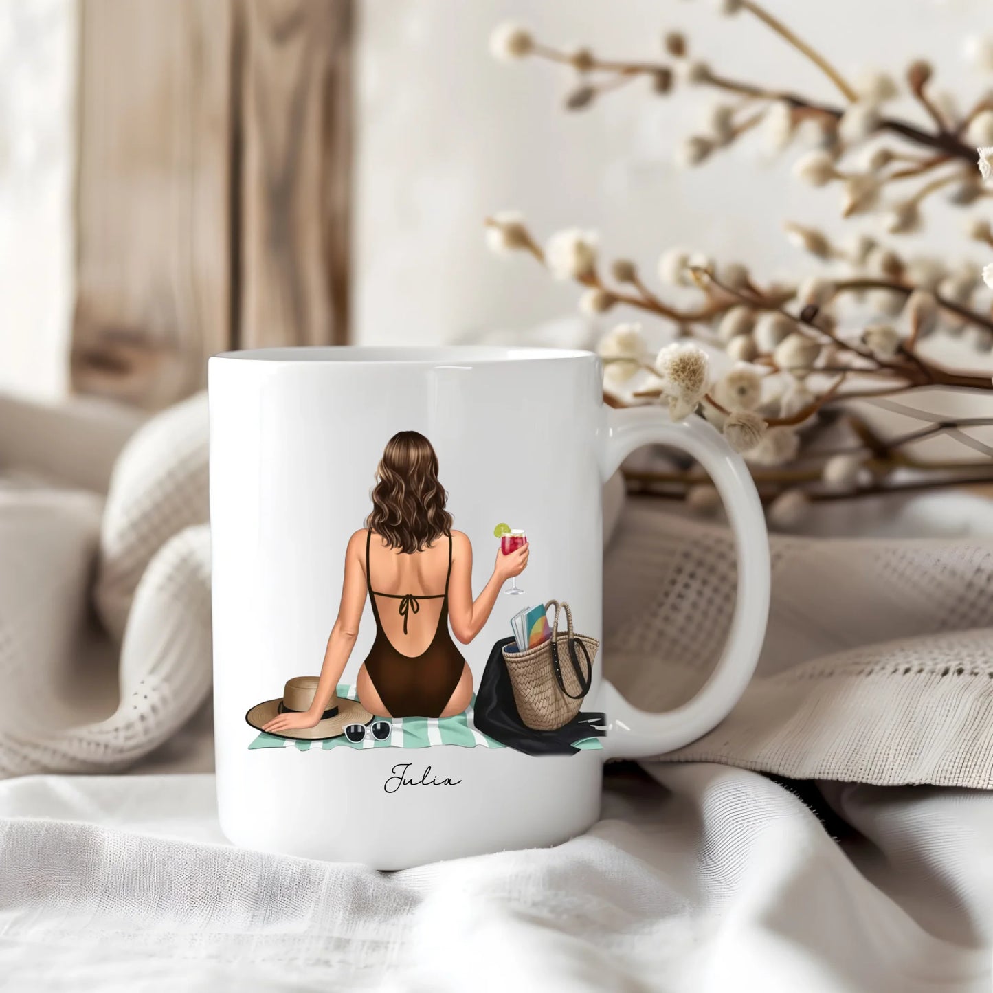 Frau am Strand Tasse