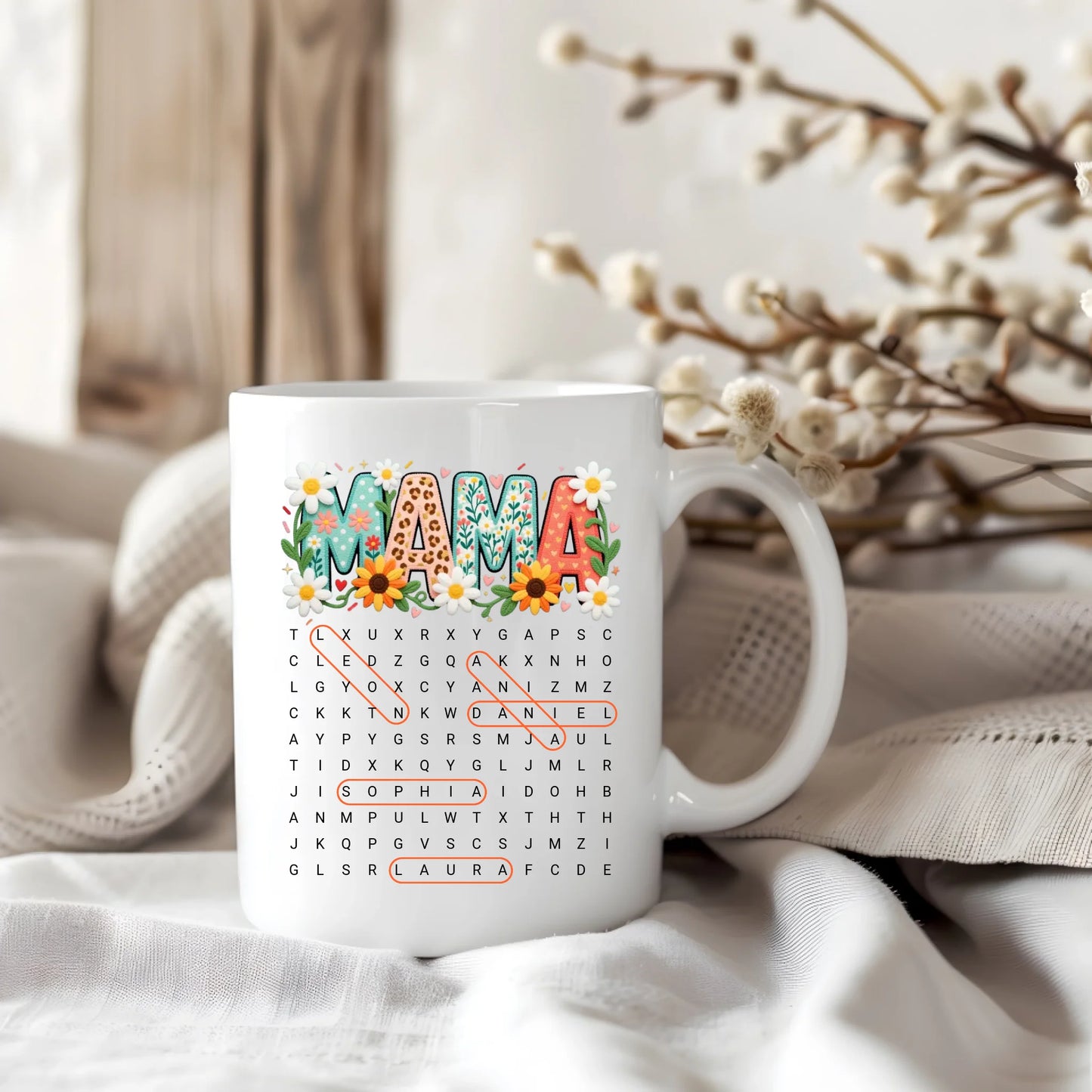 Mama mit Kindernamen Wortsuchrätsel Tasse