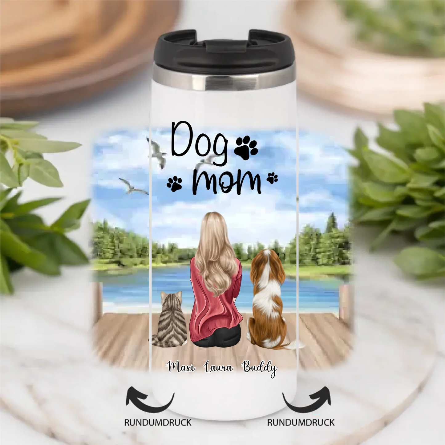 Frau/Mann mit 2 Haustieren Tasse / Thermobecher