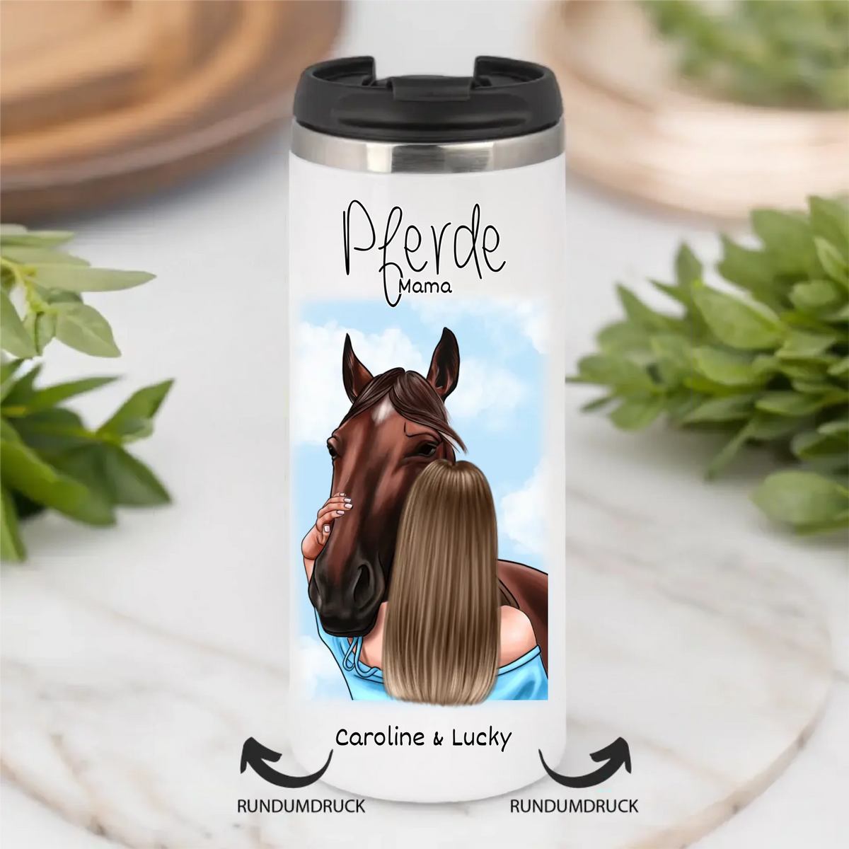 Frau mit Pferd Tasse / Thermobecher